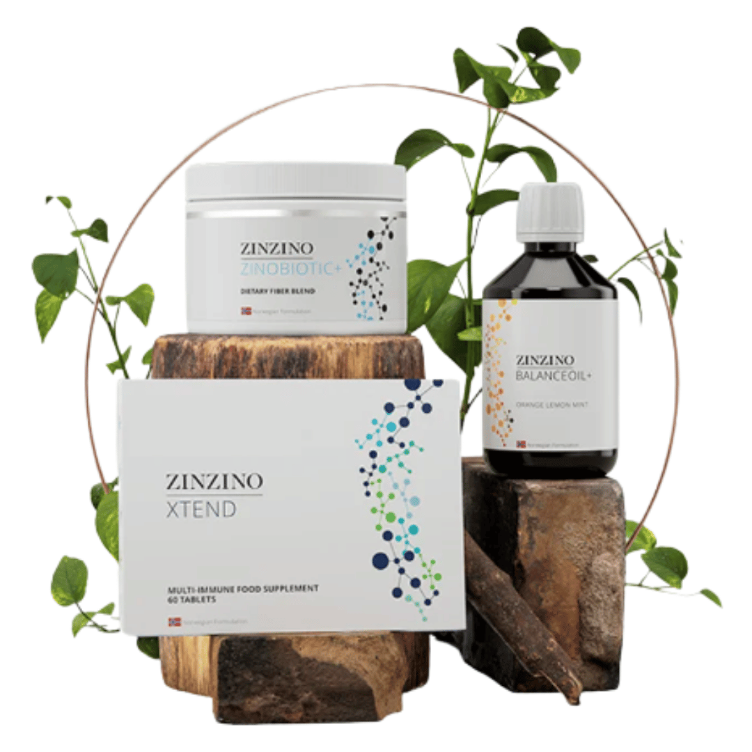 Three Zinzino products called Xtend displayed on a tiered log